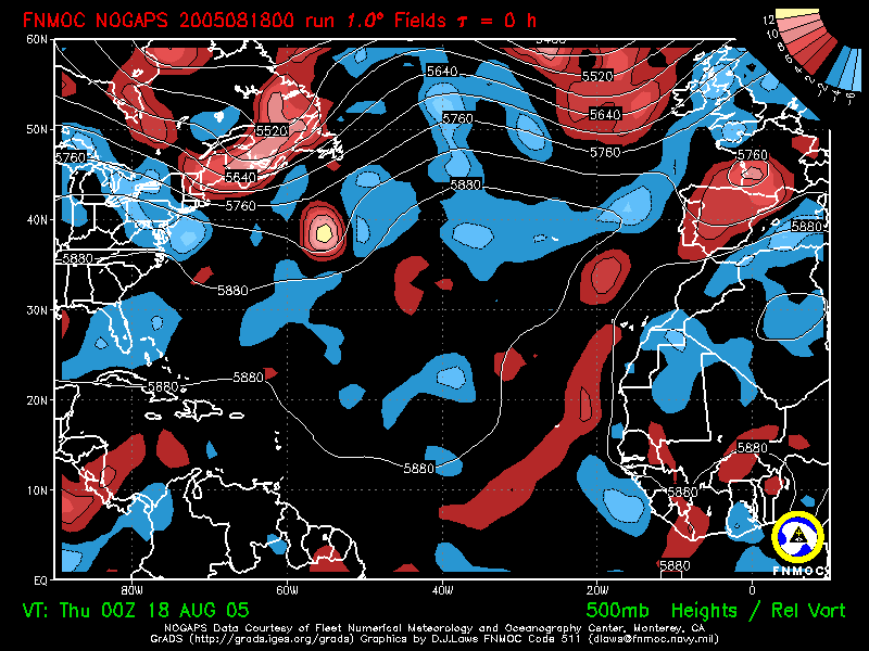 product: 500 hPa Heights [m] and Rel. Vort [10-5 s-1], area: Atlantic, tau: 000 